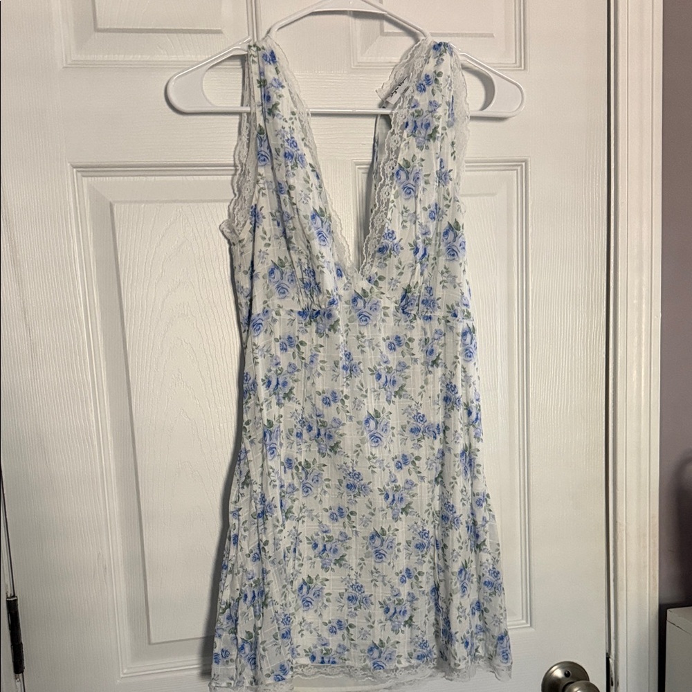 Floral Lace Mini Dress - Blue and White
